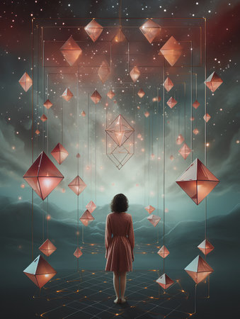 Rear view of a girl in a dress standing in front of a wall of geometric figures and looking at the sky.の素材