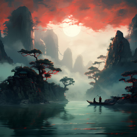 Fantasy landscape with a fisherman in a boat on the lake and a templeの素材