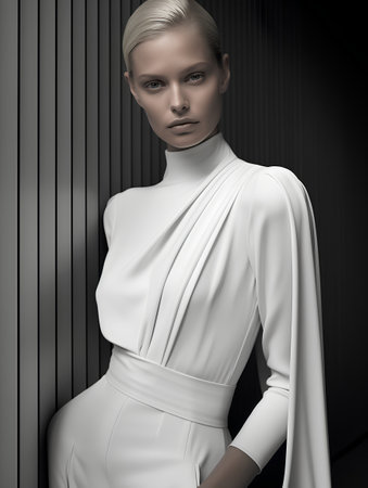Fashion model in white dress posing in studio. 3D rendering.の素材