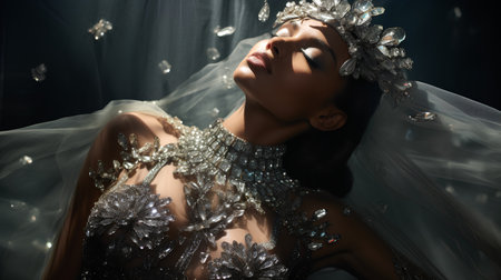 Beautiful young woman in a white dress with rhinestones on her faceの素材
