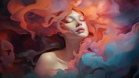 Portrait of a beautiful girl with red hair and blue smoke.の素材