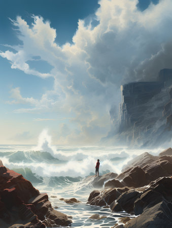 A man standing on a rock and looking at the ocean waves.の素材