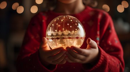 Little girl holding magic crystal ball with christmas lights inside, closeupの素材