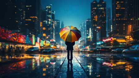 Woman with umbrella in the city at night. 3D rendering.の素材