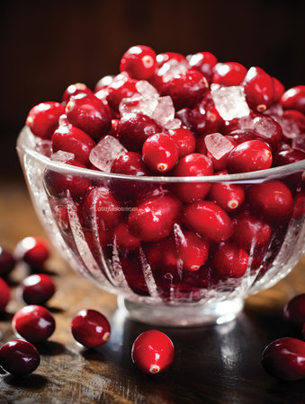 Fresh cranberries in a glass bowl with ice cubes on wooden backgroundの素材