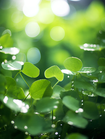 Green leaf background with bokeh and sun light. Nature backgroundの素材