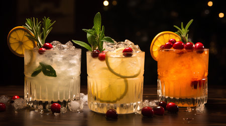 Cocktails with cranberries, orange and mint on a wooden tableの素材