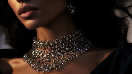 Close-up portrait of a beautiful young woman with jewelry on a black background. Jewelry concept.の素材