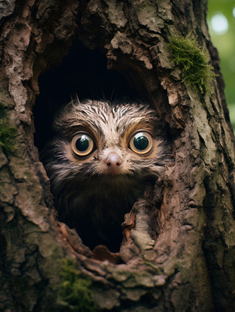 Cute little owl looking out of the hole in a tree.の素材