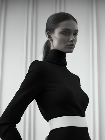 Black and white portrait of a beautiful young woman in a black dress.の素材