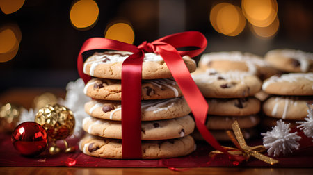 Christmas cookies with red ribbon on bokeh background, closeupの素材