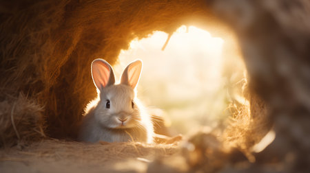 Cute little rabbit in a burrow at sunset. Easter concept.の素材