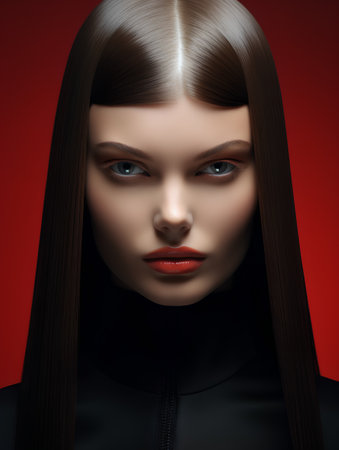 Portrait of a beautiful young woman with long brown hair and red lips.の素材