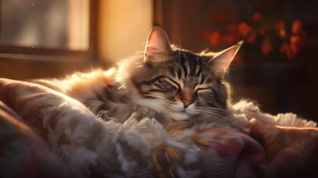Siberian cat sleeps on a pillow in a cozy room.の素材