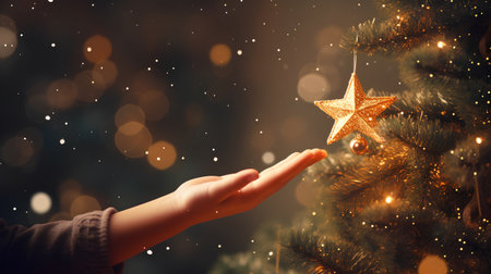 Hand holding golden christmas star hanging on tree with bokeh backgroundの素材