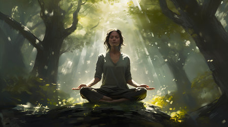 Young woman practicing yoga in the forest. 3d rendering. Computer digital drawing.の素材