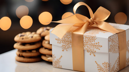 Gift box and chocolate cookies on a table with bokeh backgroundの素材