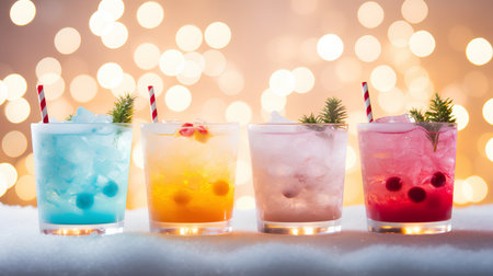 Cocktails set on snow with bokeh lights background.の素材