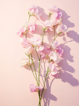 Pink and white sweet pea flowers on pastel background. Flat lay, top viewの素材