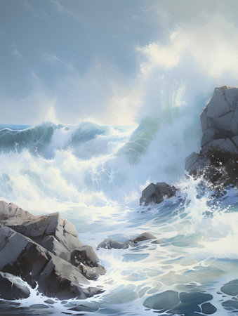 Beautiful seascape with waves and rocks. 3d renderingの素材