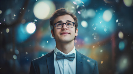 Portrait of a handsome young man in a suit and bow tie standing in the rain.の素材
