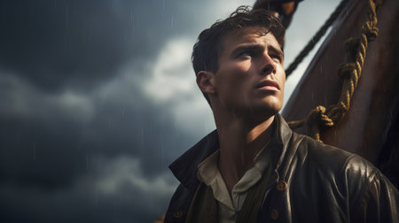 Portrait of a handsome young man standing in the rain, looking awayの素材