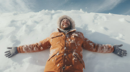 Young man in winter clothes lying on the snow. He is laughing.の素材