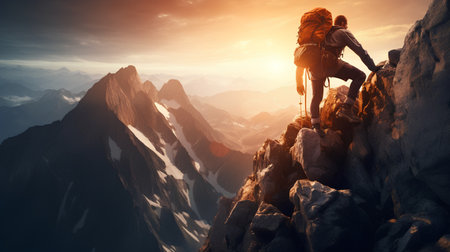Hiker on the top of a mountain. Sport and active life conceptの素材