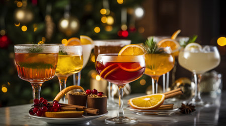 Glasses of alcoholic cocktails with orange, cranberry, cinnamon and anise on the background of a Christmas treeの素材