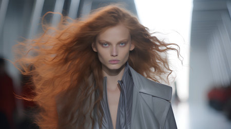 Beautiful young woman with long red hair in a gray jacket.の素材