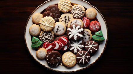 Christmas cookies on a plate on a wooden background. Top view.の素材