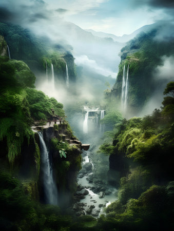 Beautiful waterfall in the deep forest. Toned and blurred image.の素材