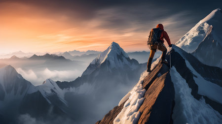 Hiker on the top of the mountain. 3D Renderingの素材
