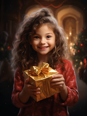 Portrait of a little girl holding a gift box in front of Christmas backgroundの素材
