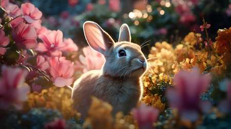 Rabbit in the meadow with flowers. Easter background. 3d renderingの素材