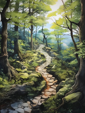 Digital painting of a path in the forest with trees and rocks.の素材