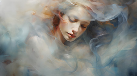 Portrait of a beautiful girl with red hair and blue smoke.の素材