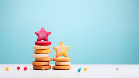 Christmas tree made of cookies and toys on a blue background. Christmas and New Year concept.の素材