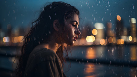 Portrait of a beautiful woman in the rain. Night city.の素材