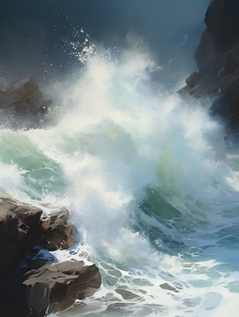Beautiful seascape with waves and rocks. Digital illustration.の素材