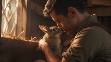 Young man with a rabbit in his hands. The concept of a happy family.の素材