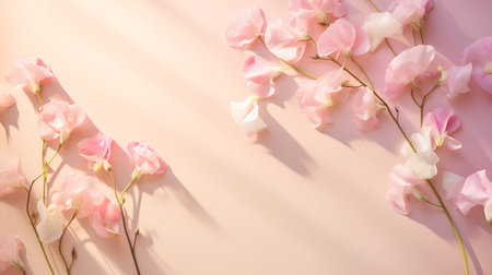 Beautiful pink flowers on pastel background. Flat lay, top viewの素材