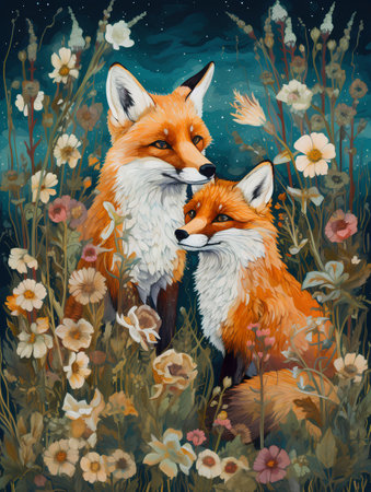 Beautiful foxes in a meadow with wildflowers.の素材