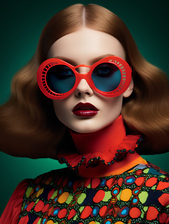 Fashion portrait of beautiful redhead woman with bright makeup and red sunglasses.の素材