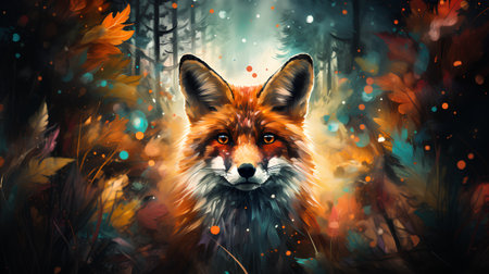 Digital painting of fox in autumn forest. Digital painting of wild animal.の素材