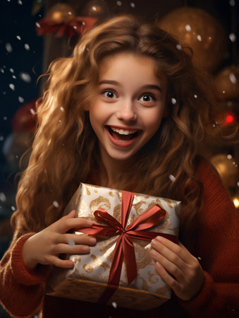 Happy young woman with Christmas gift box over christmas background. Winter holidays.の素材