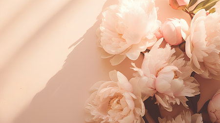 Beautiful peony flowers on beige background. Flat lay, top view.の素材