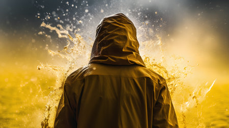 A man in a raincoat with a hood and splashes of water on a yellow background.の素材