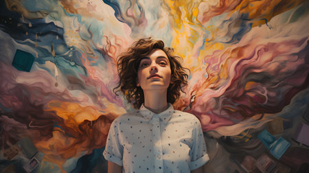 Surprised young woman looking up at abstract watercolor background.の素材