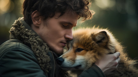 Portrait of a young man with a dog in the forest.の素材